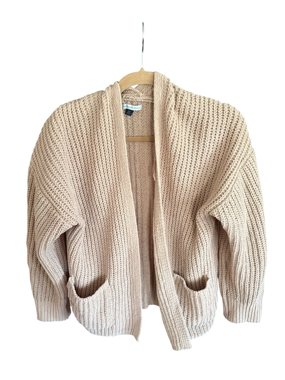 American Eagle Soft Chunky Knit Open Front Cardigan Sweater Beige Medium